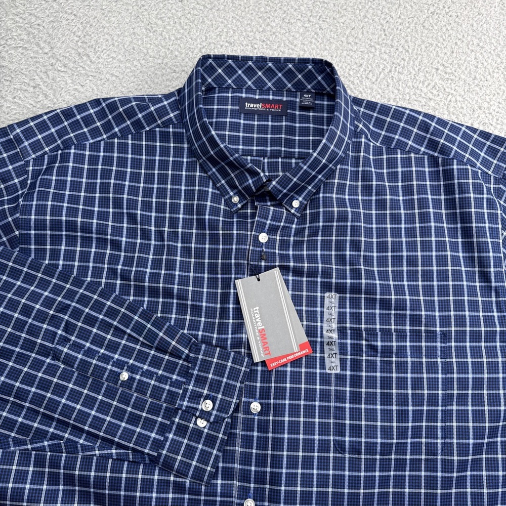 TravelSmart Dress Casual Shirt Mens XXXXL Tall 4XLT L/S Check Roundtree & Yorke